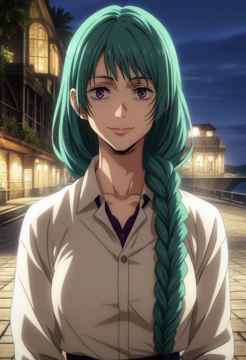 score_9, score_8_up, score_7_up, source_anime, intricate details, anime screencap, perfect balance, official art, extremely detailed CG unity 8k wallpaper, perfect lighting, Colorful, Warm_Front_face_Lighting, (masterpiece:1.0),(best_quality:1.0), ultra high res,4K,ultra-detailed, photography, 8K, HDR, highres, absurdres:1.2, Kodak portra 400, blurry background, bokeh, lens flare, (Anime) (vibrant_color:1.2), professional photograph, night, (good_face:1.2), 2d, anime, upper body, intricate iris, American, 1960s, 1970s, Professional character design, 1girl, female focus, (vibrant amethyst purple eyes), perfect eyes, (bright green-teal hair), (Long Silky smooth hair), (pretty hair), (beautiful hair), (straight bangs), braided hair, preppy, white dress shirt, youthful, feminine, sultry, solo, jujutsu_kaisen_style, character portrait, (perfect-lighting, lens flare), face, torso, (Charming) (Beautiful) (Elegant) (Sophisticated smile), feminine, young, (Wealthy, manor, extravagant, ornate embellishments, coastal, shore, cliff), warm sunlight, daylight, (sunlight), (warm lighting), comfortable lighting. turquoise hair, vibrant purple eyes, amethyst eyes, slimes_mjur, wavy hair