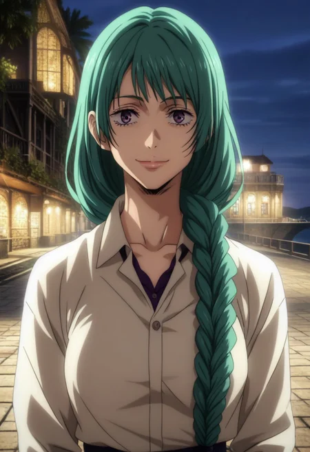 score_9, score_8_up, score_7_up, source_anime, intricate details, anime screencap, perfect balance, official art, extremely detailed CG unity 8k wallpaper, perfect lighting, Colorful, Warm_Front_face_Lighting, (masterpiece:1.0),(best_quality:1.0), ultra high res,4K,ultra-detailed, photography, 8K, HDR, highres, absurdres:1.2, Kodak portra 400, blurry background, bokeh, lens flare, (Anime) (vibrant_color:1.2), professional photograph, night, (good_face:1.2), 2d, anime, upper body, intricate iris, American, 1960s, 1970s, Professional character design, 1girl, female focus, (vibrant amethyst purple eyes), perfect eyes, (bright green-teal hair), (Long Silky smooth hair), (pretty hair), (beautiful hair), (straight bangs), braided hair, preppy, white dress shirt, youthful, feminine, sultry, solo, jujutsu_kaisen_style, character portrait, (perfect-lighting, lens flare), face, torso, (Charming) (Beautiful) (Elegant) (Sophisticated smile), feminine, young, (Wealthy, manor, extravagant, ornate embellishments, coastal, shore, cliff), warm sunlight, daylight, (sunlight), (warm lighting), comfortable lighting. turquoise hair, vibrant purple eyes, amethyst eyes, slimes_mjur, wavy hair