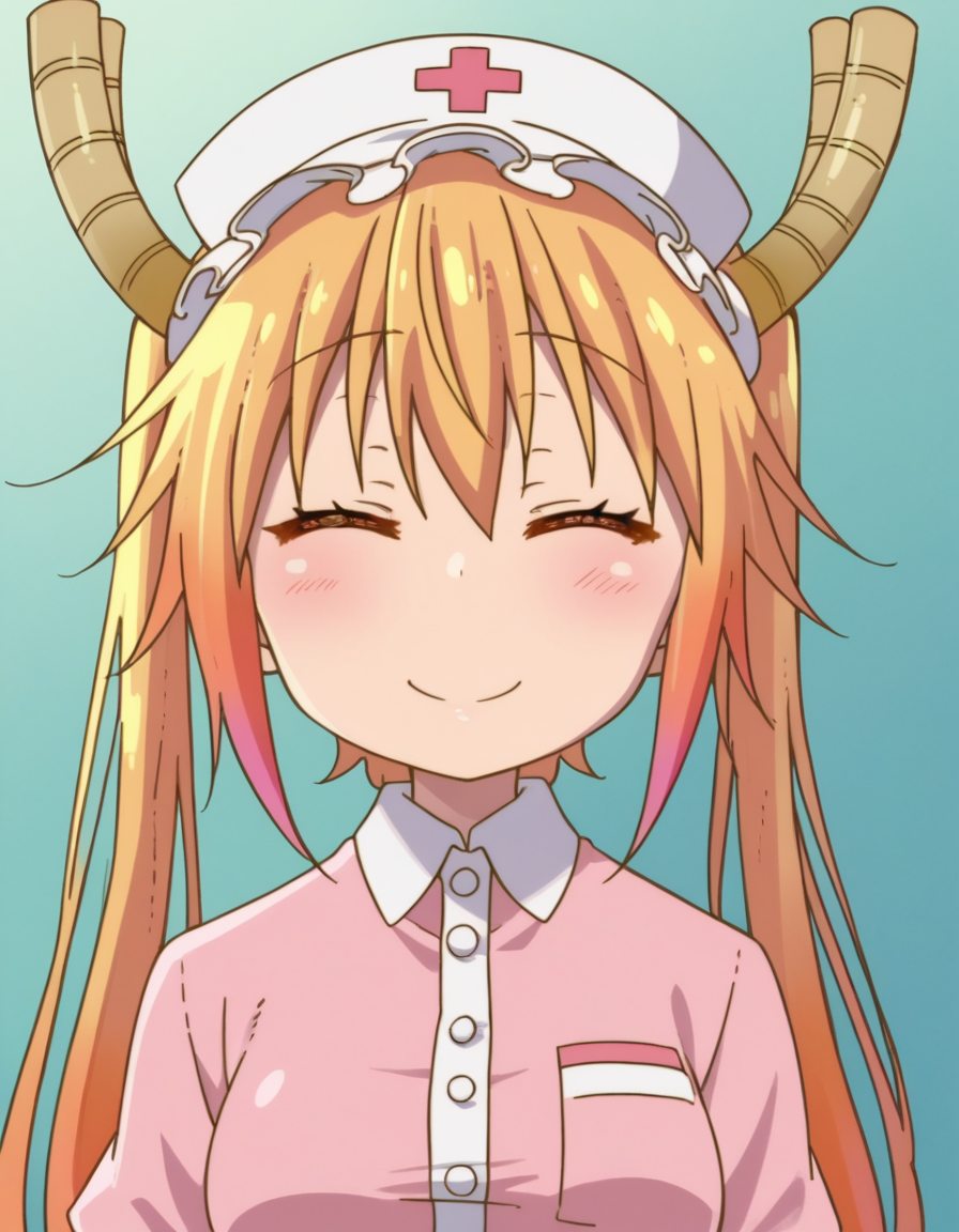 zPDXL, score_9, score_8_up, score_7_up, source_anime, (portrait),  <lora:KobayashiDragonPack:1> drgmd, 1girl, solo,
tohru \(maidragon\), blonde hair, two-tone hair, orange hair, horns, red eyes, orange eyes, medium breasts , nurse, nurse-outfit, pink-dress, (white-pantyhose), pink-shoes, nurse-cap, (closed eyes:1.2), smile, cheek-to-cheek,