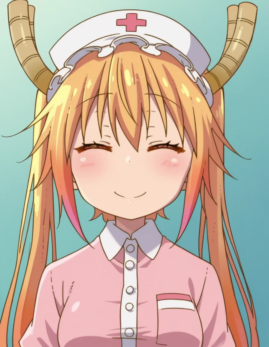zPDXL, score_9, score_8_up, score_7_up, source_anime, (portrait), <lora:KobayashiDragonPack:1> drgmd, 1girl, solo,
tohru \(maidragon\), blonde hair, two-tone hair, orange hair, horns, red eyes, orange eyes, medium breasts , nurse, nurse-outfit, pink-dress, (white-pantyhose), pink-shoes, nurse-cap, (closed eyes:1.2), smile, cheek-to-cheek,