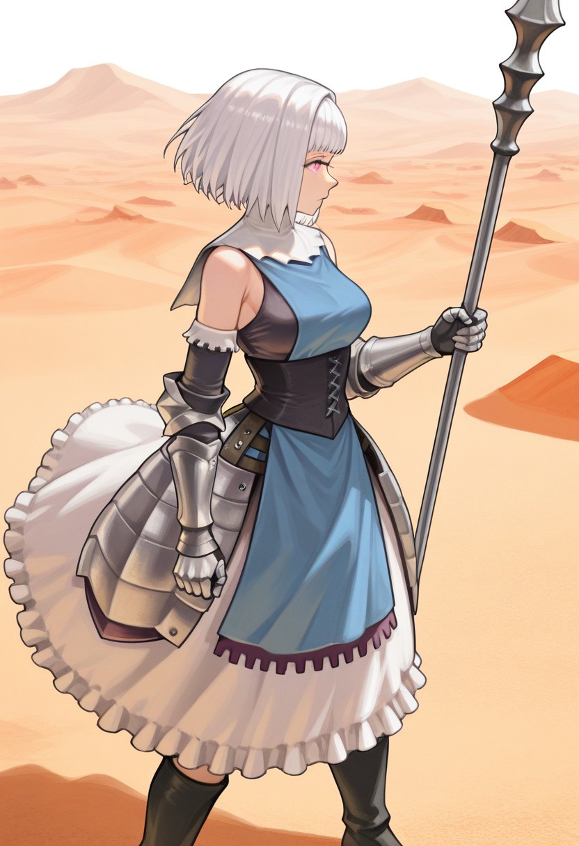 source_vanillaware, 
1girl, solo, 
side profile, wind,
SharonIL, Sharon Unicorn Overlord,
pink eyes, white hair, bob cut, short hair, choppy bangs, medium breasts,
cleric clothing, white shawl, medieval dress, blue apron, black corset, dress armor, white dress frills, white sleeve tips, black sleeves, silver gauntlets, black boots, 
serious expression, determined stance, looking away,
holding staff, long pernach, black pernach,
desert,