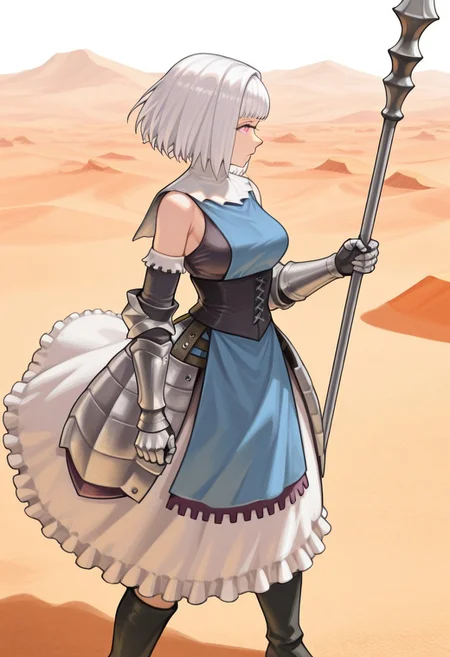 source_vanillaware,
1girl, solo,
side profile, wind,
SharonIL, Sharon Unicorn Overlord,
pink eyes, white hair, bob cut, short hair, choppy bangs, medium breasts,
cleric clothing, white shawl, medieval dress, blue apron, black corset, dress armor, white dress frills, white sleeve tips, black sleeves, silver gauntlets, black boots,
serious expression, determined stance, looking away,
holding staff, long pernach, black pernach,
desert,