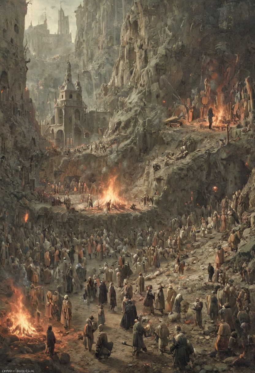 Group of Iranian men amidst.  in “The Garden of Earthly Delights” art Hieronymus Bosch. akin to the style of  Giovanni Battista Piranesi, with the proportional intricacy of Moebius. The scene is  a chaotic street protest in the town Alicante filled with tension and unrest, as flames from an explosion illuminate the night sky,  Include elements of various electrodomestic, vehicles and drones, devices in the scene. This artwork should convey the complexity and depth of the decline of technology and its influence on modern society. 8k resolution. Chiaroscuro Lighting Style