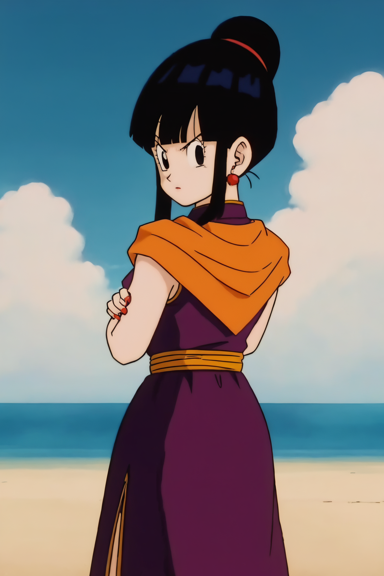source_anime, score_9, score_8_up, score_7_up, anime screencap,8k, absurd res,
chi-chi, 1girl, solo, looking at viewer, bangs, black hair, blue sky, looking back, standing, full body, sidelocks, earrings, blunt bangs, hair bun, black eyes, red bracelet, crossed arms, single hair bun, purple dress, orange neckerchief,  orange sash, sleeveless,  island, ocean, sand,  from behind, 
<lora:chichiDBZ_pony_v1:0.8>