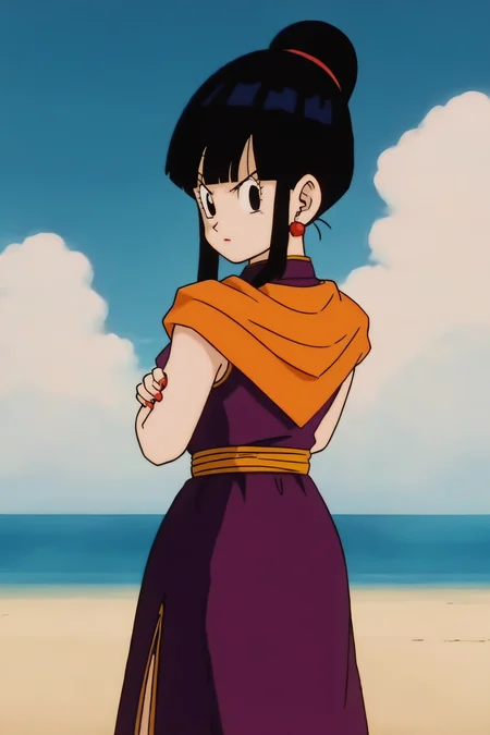 source_anime, score_9, score_8_up, score_7_up, anime screencap,8k, absurd res,
chi-chi, 1girl, solo, looking at viewer, bangs, black hair, blue sky, looking back, standing, full body, sidelocks, earrings, blunt bangs, hair bun, black eyes, red bracelet, crossed arms, single hair bun, purple dress, orange neckerchief, orange sash, sleeveless, island, ocean, sand, from behind,
<lora:chichiDBZ_pony_v1:0.8>