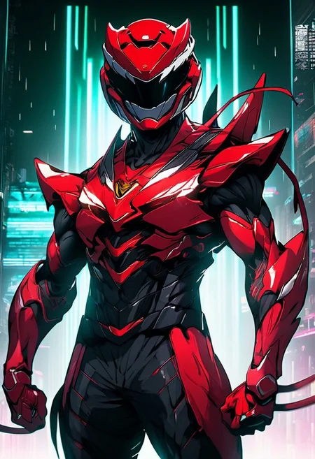 cyberpunk game style In the depths of an otherworldly realm, an urban ninja style red power ranger emerges, a fusion of machine, soft-bodied, composite materials, artificial nerves, artificial muscles, and titanium alloy, dynamic ninja pose, dynamic angle, fighting stance, ready to attack, dramatic lighting, cinematic shot + dynamic composition, incredibly detailed, sharpen, details + intricate detail + professional lighting, film lighting + 35mm + anamorphic + lightroom + cinematography + bokeh + lens flare + film grain + HDR10 + 8K + Roger Deakins, ((cinematic)) . neon, dystopian, futuristic, digital, vibrant, detailed, high contrast, reminiscent of cyberpunk genre video games
