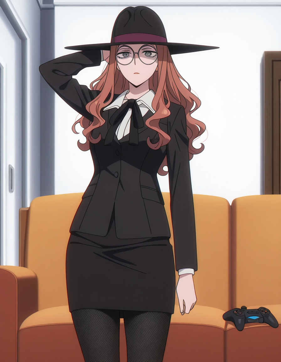 masterpiece, best quality, amazing quality,, <lora:sylvia-sherwood-anime-illustriousxl-lora-nochekaiser:1>, sylvia sherwood, long hair, brown hair, glasses, round eyewear, orange hair, grey eyes, wavy hair, mature female, breasts, anime screencap,, skirt, shirt, long sleeves, hat, ribbon, jacket, white shirt, pantyhose, collared shirt, black skirt, black jacket, black pantyhose, black headwear, black ribbon, neck ribbon, fishnets, pencil skirt, fishnet pantyhose, hand behind head, , living room, video game, controller, competitive, fun, afternoon, cowboy shot, solo, looking at viewer