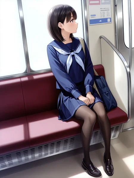 masterpiece,best quality,amazing quality,
1boy,solo,
<lora:anegasaki_nene_ilxl_v1:1>,nene,black hair,n_b_clothes,long_sleeves,blue serafuku,neckerchief,pleated skirt,black_pantyhose,loafers,
<lora:Fixhands_anime_bdsqlsz_V1:1>,simple background,looking ahead,full body,standing,train interior,profile,front view,leaning_to_the_side,sitting,bag,