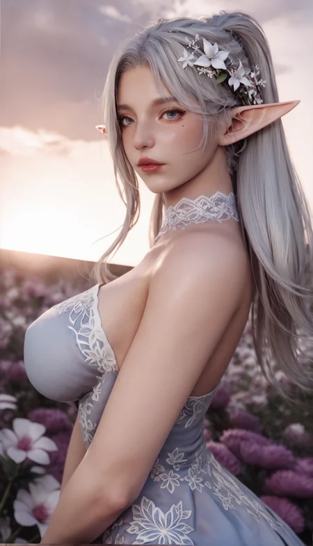 score_9_up, score_8_up, score_7_up,source_anime,rating_explicit,cinematic light,highly detailed skin,expressiveh,
1girl, solo, long hair, breasts, looking at viewer, blue eyes, large breasts,makeup, hair ornament, dress, bare shoulders,, ponytail, flower, pointy ears, hair flower, from side, lips, tattoos, elf,dutch angle,,background(flowers,clouds)
, <lora:Pony_DetailV2.0:1> , <lora:PSH3dv2lora:1.2> ,