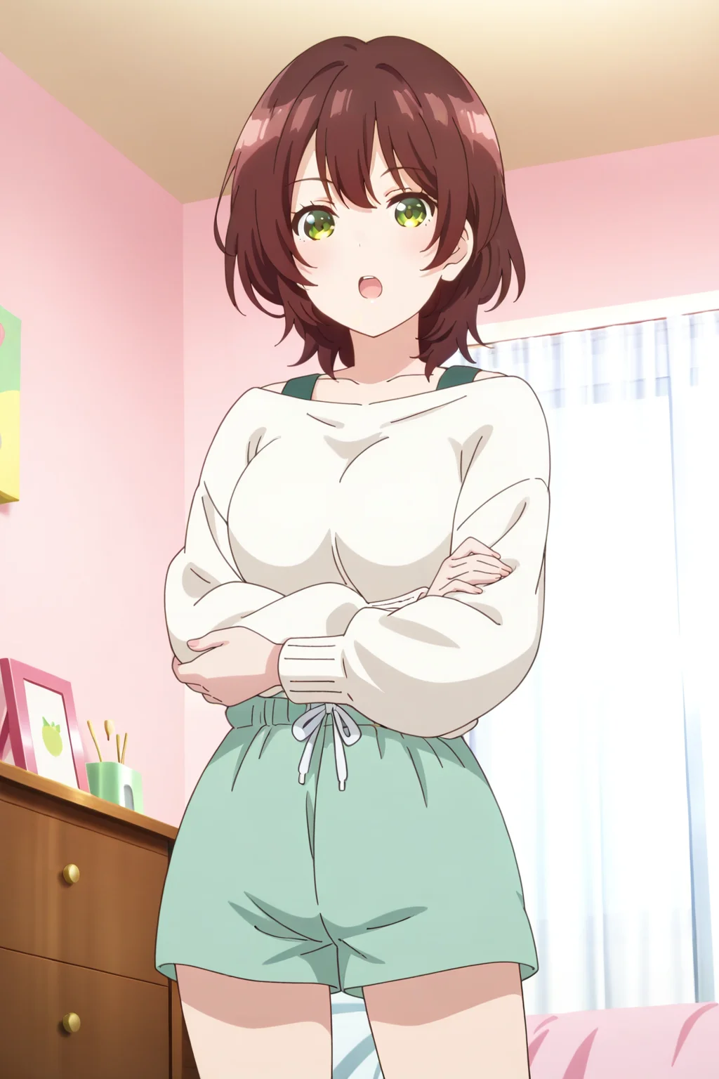 anime screenshot, hinami aoi, 1girl, solo, brown hair, short hair, green eyes, medium breasts, white sweater, long sleeves, off shoulder, green shorts, looking at viewer, open mouth, crossed arms, cowboy shot, indoors, bedroom, masterpiece, best quality, high quality, highres, absurdres, <lora:hinami_aoi_ILXL:0.9>