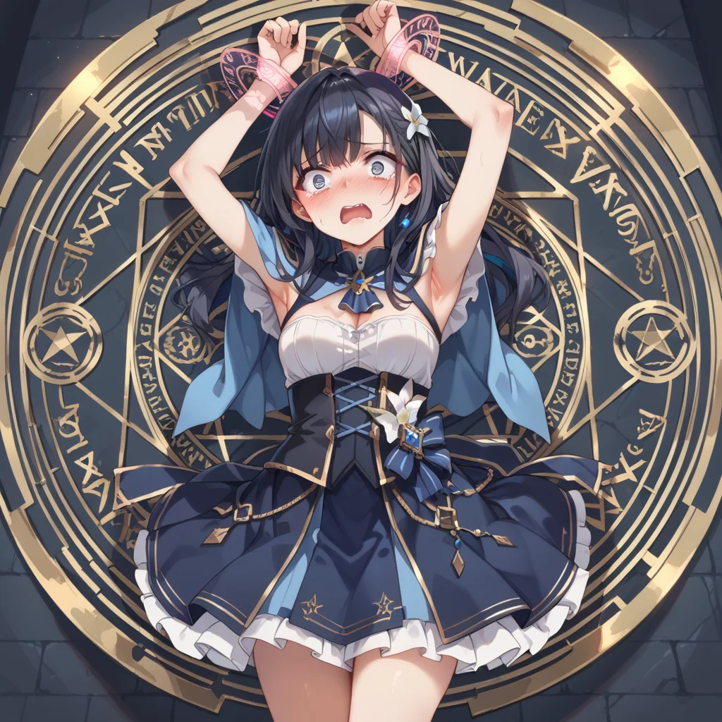 score_9, score_8_up, score_7_up, best quality, masterpiece, source_anime,  BREAK, scared, blush, arm up.  1girl, <lora:restrained_magic_circle:1>magic circle, restrained