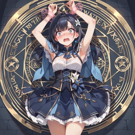 score_9, score_8_up, score_7_up, best quality, masterpiece, source_anime, BREAK, scared, blush, arm up. 1girl, <lora:restrained_magic_circle:1>magic circle, restrained