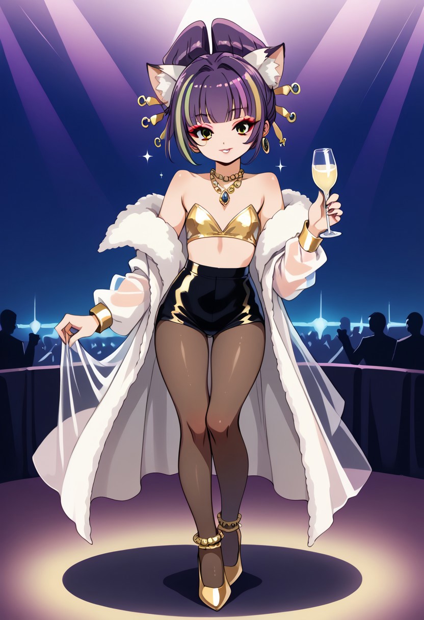 score_9, score_8_up, score_7_up, source_anime, uncensored, best quality, ((masterpiece)), 4k, fcx, fyx, phc, yuh, oya, kib, absurdres, retro style, neon signasl, nightclub, fullbody, complete body in the image, holding a bottle of wine, small body, Futanari, thin legs, round tip, <lora:long_eyelash:0.3>, long eyelashes, ultra detailed eyes, beautiful eyes, bright eyes, faint lips, very large hoop earrings, nsfw, cute smile, gold bracelets, gold anklets, saturated colors, high contrast, sultry, (sexy), dancing, ((pantyhose)), pantyhoses, streaked hair, flat chest, gyaru gal, see-through PVC large jacket, makeup, long eyelashes, glossy lipstick, mascara, blush, eyeshadow, jewel necklace, rich girl, sparkles, (glittering pastel clothing, glossy sparkling fabric), sharp focus, high heels
(1girl, darudayu))