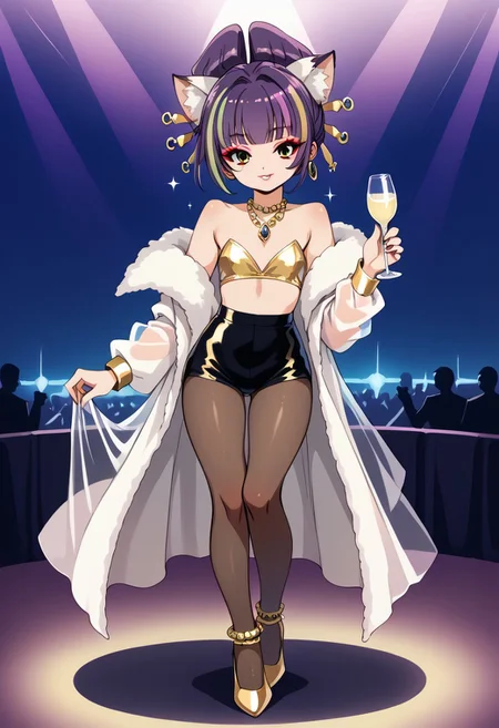 score_9, score_8_up, score_7_up, source_anime, uncensored, best quality, ((masterpiece)), 4k, fcx, fyx, phc, yuh, oya, kib, absurdres, retro style, neon signasl, nightclub, fullbody, complete body in the image, holding a bottle of wine, small body, Futanari, thin legs, round tip, <lora:long_eyelash:0.3>, long eyelashes, ultra detailed eyes, beautiful eyes, bright eyes, faint lips, very large hoop earrings, nsfw, cute smile, gold bracelets, gold anklets, saturated colors, high contrast, sultry, (sexy), dancing, ((pantyhose)), pantyhoses, streaked hair, flat chest, gyaru gal, see-through PVC large jacket, makeup, long eyelashes, glossy lipstick, mascara, blush, eyeshadow, jewel necklace, rich girl, sparkles, (glittering pastel clothing, glossy sparkling fabric), sharp focus, high heels
(1girl, darudayu))