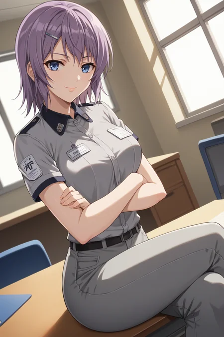 score_9, score_8_up, score_7_up, source_anime, 1girl, prefect lighting, very aesthetic, intricate details, highly detailed background, masterpiece, high quality, prefect hands, best quality, solo,
<lora:Anna_Ichinose_RanSem_V1:.85>, KJOanna, purple hair, light blue eyes, medium hair,
Grey uniform, name tag, grey pants, short sleeves, cowgirl position, dutch angle,
crossed arms, smirk, looking at viewer, sitting on desk,
office, desk, window,
(Beautiful, medium Breasts:1.2), natural breasts,