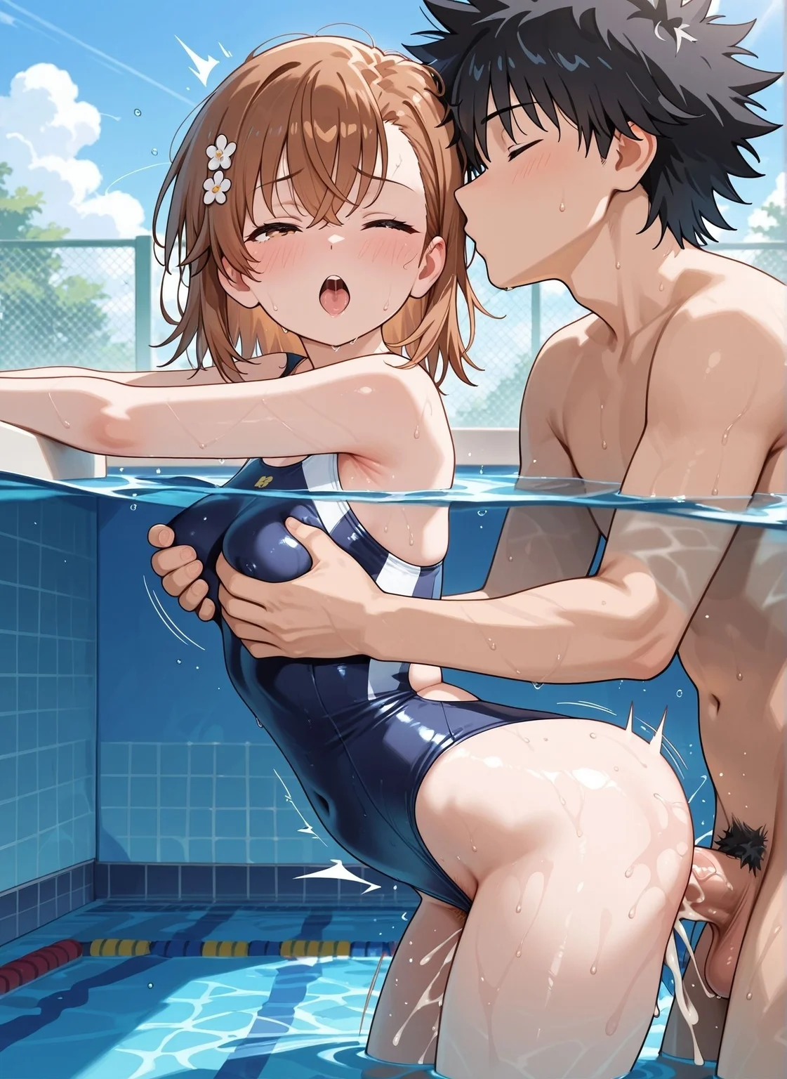 masterpiece,best quality,amazing quality,very aesthetic,absurdres,newest, huge filesize,
<lora:spo_sdxl_10ep_4k-data_lora_webui:0.5>,
<lora:add-detail-xl:1> flat color, anime coloring,  uncensored, 
<lora:Stealthy_Sex:0.7>Stealthy_SexV1,
penis, legs apart, 
Stealthy Sex ,
under water sex, kissing cheek, 
swimsuit,
1boy,  sex from behind, 
breasts, grabbing another's breast, 
pubic hair,pool, moaning, 
water,stealthy sex, sex from behind, 
under water sex, motion lines, motion blur, cum in pussy, 
outdoors, sky,from side,  body in water,
BREAK
misaka Mikoto  ,
BREAK
Kamijou Touma,