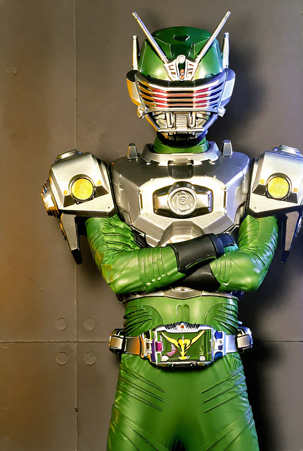 score_9,score_8_up,score_7_up,male focus,ultra-detailed,high resolution,digital painting,8k,1boy,solo,cowboy shot,male focus,detailed face,armor,helmet,belt,antennae,bodysuit,green bodysuit,standing,crossed arms,looking at viewer,<lora:add-detail-xl:1>,<lora:Kamen Rider Zolda:0.8>,kamen rider zolda,<lora:League_of_Legends__illustrious-XL:0.4>,