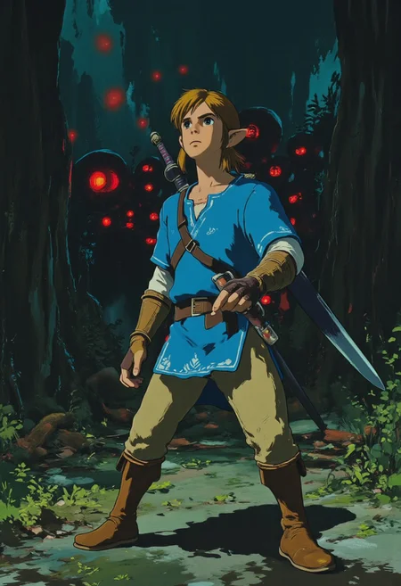 Vector art, uhd, 8k, 4k, epic, dramatic, Jujutsu kaisen manga, 4k quality, (Perfect hand:1.4), anime, (masterpiece), (detailed face), detailed,
Rendered in a style redolent of Impressionism, the painting utilizes a vibrant.
(Full body:1.4) digital artwork of Link wearing a blue tunic, tan pants, and brown boots. (He is holding the master sword in one hands in a low stance, ready to defend attacks with his sharp blade). (Many glowing red eyes of spirits can be seen behind him). He looks around the forest watching for attacks.
The background is a dark forest. The overall mood is ethereal and ghostly. Unknown spirits haunt the forest.