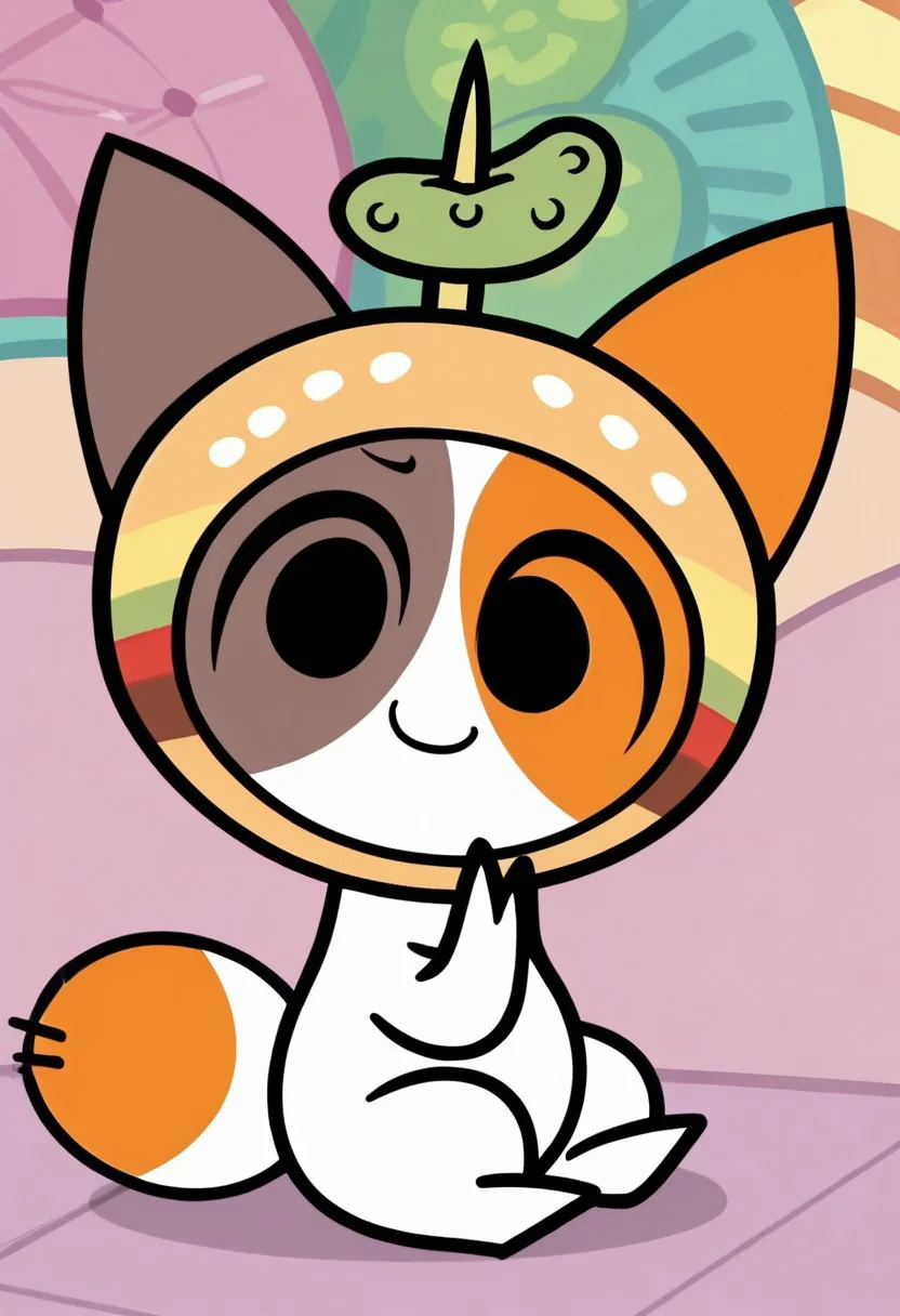 score_9, score_8_up, score_7_up, show accurate, screencap, solo, cheezborger, cat, burger, pickle, chibi, cute, solo, solo focus, dot eyes, pose, smile, solo, solo in panel, full body, hands, legs, paws, hand paws, silly, looking at viewer, sitting, indoor,