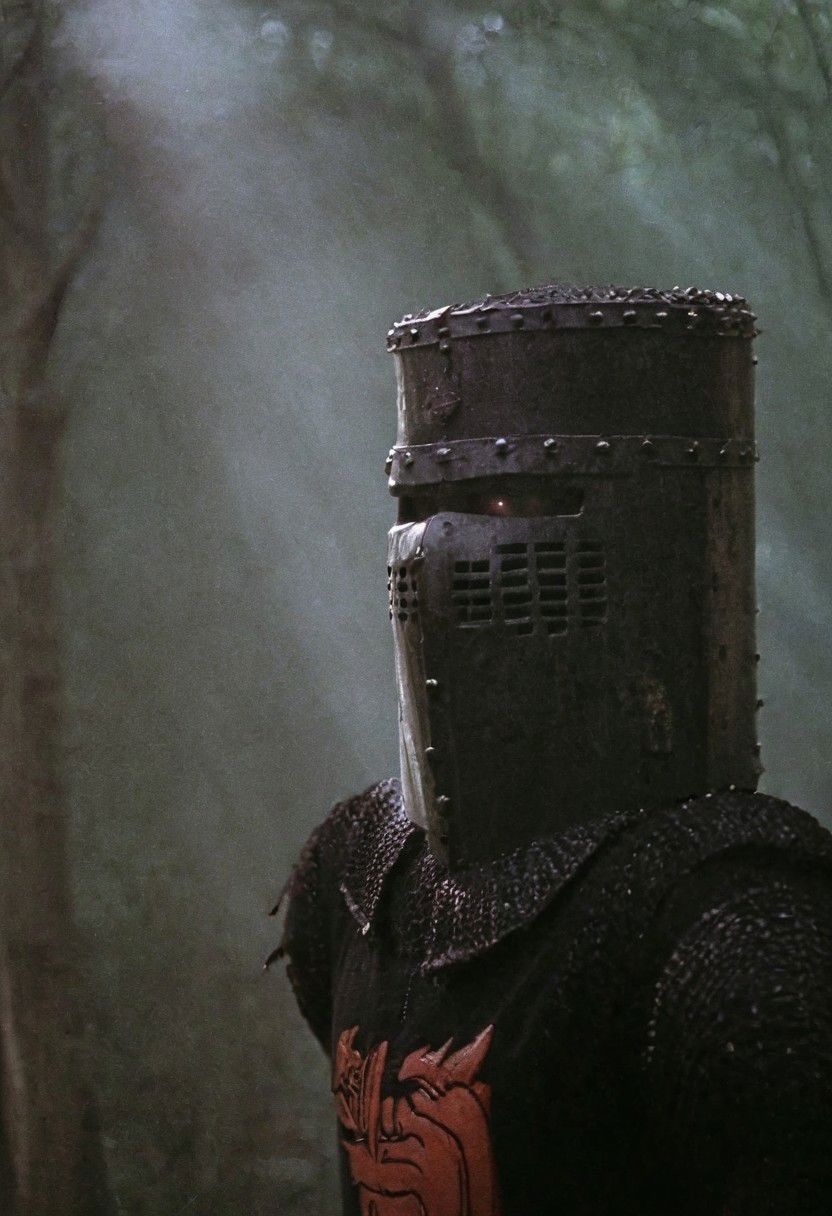 n-eeyblch, Dark Photo of creepy Vintage black Knight,
very detailed, atmospheric haze, Film grain, cinematic film still, shallow depth of field, highly detailed, high budget, cinemascope, moody, epic, OverallDetail, gorgeous, 2000s vintage RAW photo, photorealistic, candid camera, color graded cinematic, eye catchlights, atmospheric lighting, skin pores, imperfections, natural, shallow dof