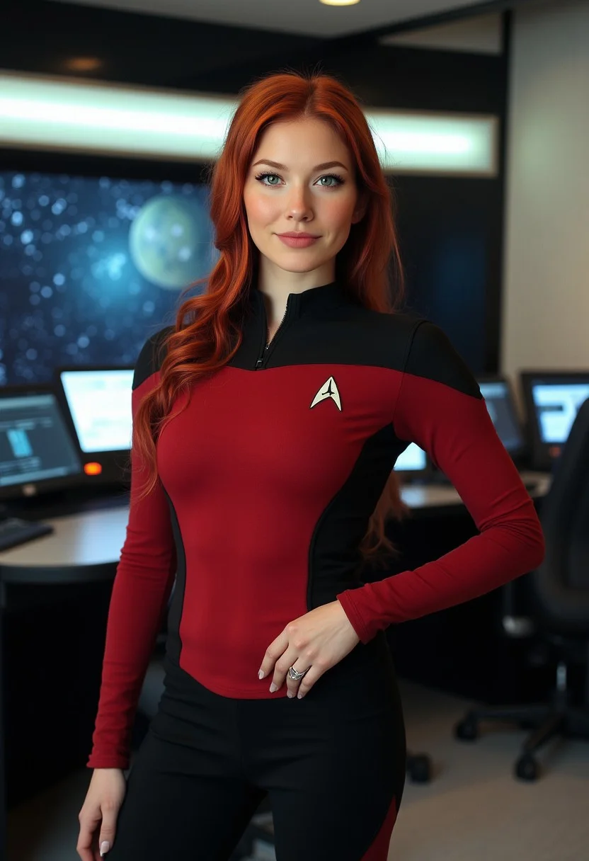 Jessica cosplays as a Starfleet officer from Star Trek: The Next Generation, wearing a form-fitting, futuristic red and black uniform with the classic division colors of the command crew. The uniform is tailored to accentuate her slender, athletic figure, with the Starfleet insignia proudly displayed on her chest. Her fiery red hair is neatly styled in soft waves, giving her a sharp, professional look that contrasts with the playful sparkle in her green eyes. She stands confidently in a sleek, high-tech starship bridge environment, with the starry expanse of space visible through the windows behind her. The lighting is dramatic, casting a soft glow on her face, as she gazes ahead, exuding the poised and determined presence of a Starfleet officer ready for exploration. Her posture is elegant and composed, with a hand resting at her side in a casual yet assertive manner. Perfect hand, Detailed hand, busty,