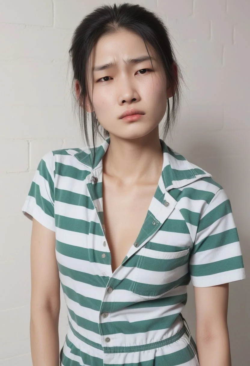 Close-up shot, mid shot, upper body, woman in a prison cellblock, dark theme,
BREAK, 27-year-old Asian female with an embarrassed expression, sad (,half-closed eyes, downturned mouth, looking down), no makeup, narrow eyes, oval face, and straight black hair. Ensure features such as extra small chin, extra low eyebrows, extra thin eyebrows, extra far eyes, extra low eyes position, extra round eyes shape, extra low mouth corners, extra small mouth width, extra straight nose shape, average nose width, extra rect head shape, and extra wide head width. BREAK, ((woman in a prison cellblock)), wearing a ((Green_White_Striped_Jumpsuit_unbuttoned, short sleeve top)), BREAK, Generate a modern prison cellblock.