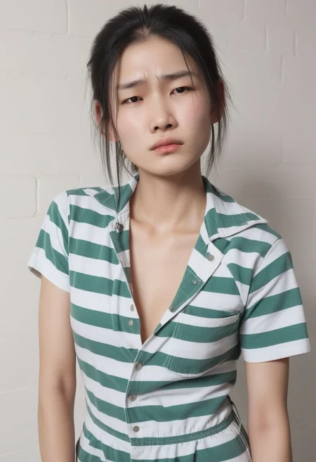 Close-up shot, mid shot, upper body, woman in a prison cellblock, dark theme,
BREAK, 27-year-old Asian female with an embarrassed expression, sad (,half-closed eyes, downturned mouth, looking down), no makeup, narrow eyes, oval face, and straight black hair. Ensure features such as extra small chin, extra low eyebrows, extra thin eyebrows, extra far eyes, extra low eyes position, extra round eyes shape, extra low mouth corners, extra small mouth width, extra straight nose shape, average nose width, extra rect head shape, and extra wide head width. BREAK, ((woman in a prison cellblock)), wearing a ((Green_White_Striped_Jumpsuit_unbuttoned, short sleeve top)), BREAK, Generate a modern prison cellblock.