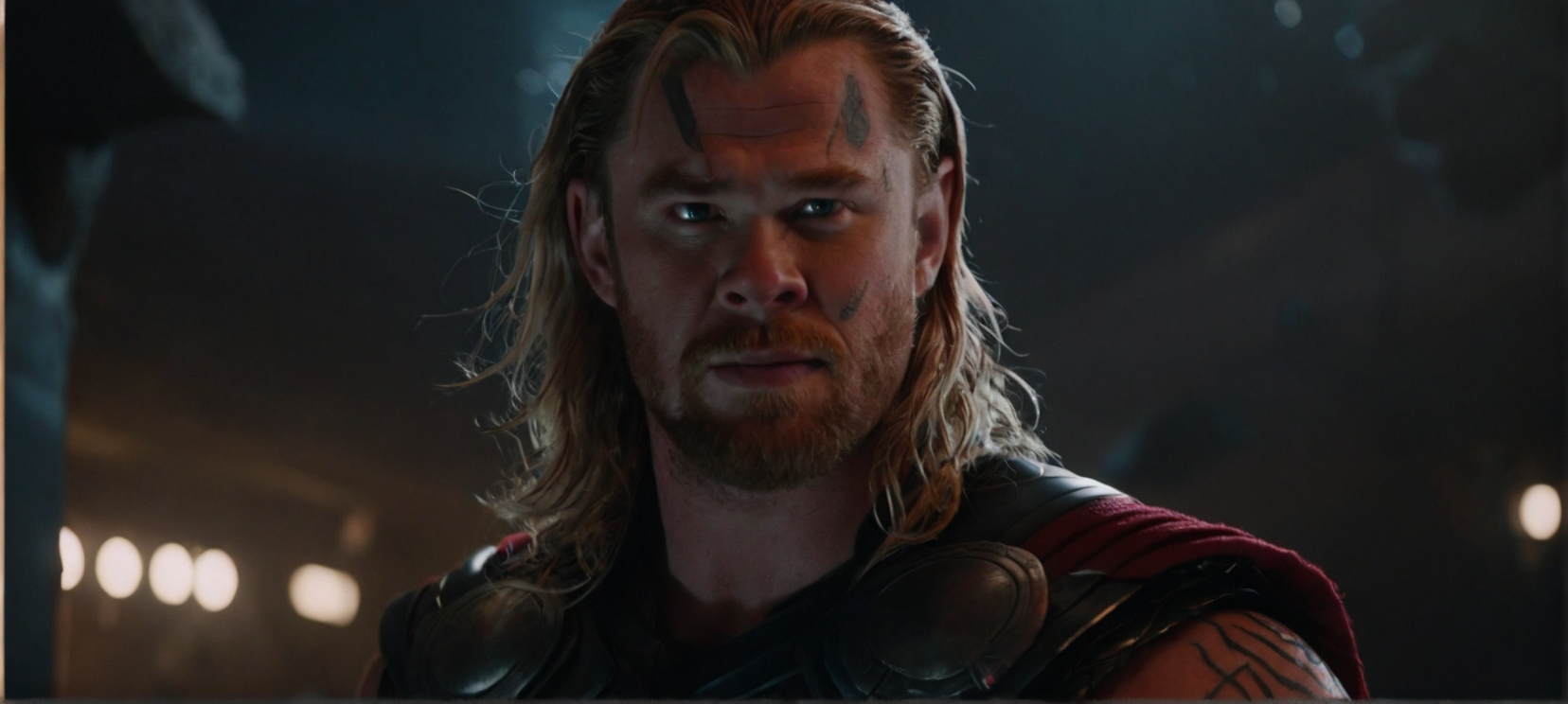 A cinematic film still of a 

a close up photo of Thor, tattoos, cinematic lighting, film still, movie