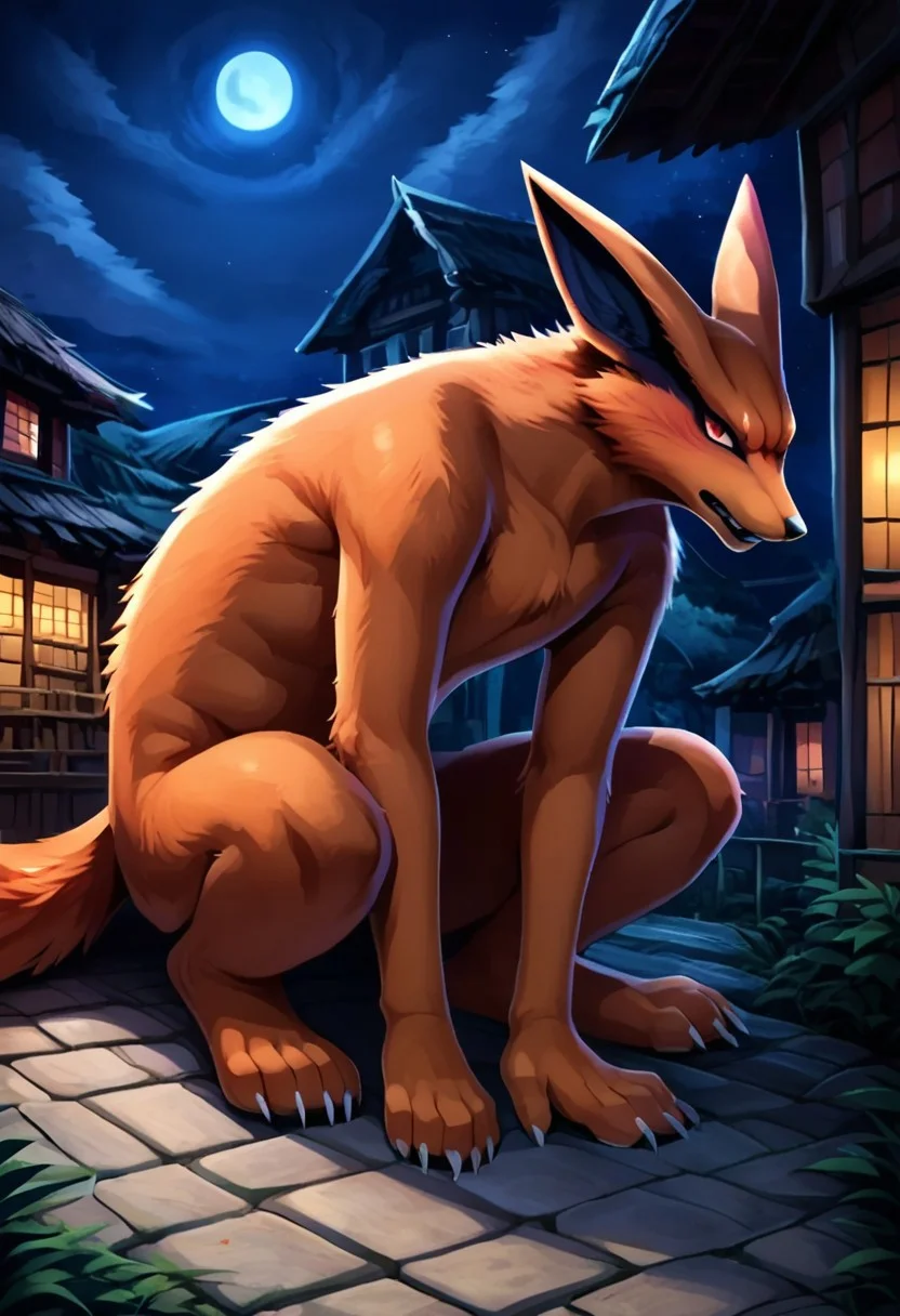 BREAK Score_9_up, Score_8_up, Score_7_up, source_anime, kurama, solo, full body, male, Kurama, orange fur, fur all over the body, black lips, night, detailed background, town background, half body shadow, ambient light on the body,