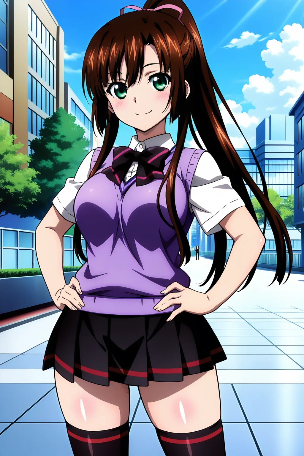 anime screenshot, strike the blood, 1girl, solo, kirasaka sayaka, brown hair, long hair, ponytail, high ponytail, hair ribbon, pink ribbon, green eyes, large breasts, school uniform, white shirt, collared shirt, short sleeves, sweater vest, purple sweater, purple vest, black bow, black bowtie, striped bow, striped bowtie, red stripes, black skirt, pleated skirt, black thighhighs, striped thighhighs, looking at viewer, smile, hands on own hips, closed mouth, cowboy shot, outdoors, city, day, blue sky, masterpiece, best quality, high quality, highres, absurdres, <lora:kirasaka_sayaka_ILXL:0,9>