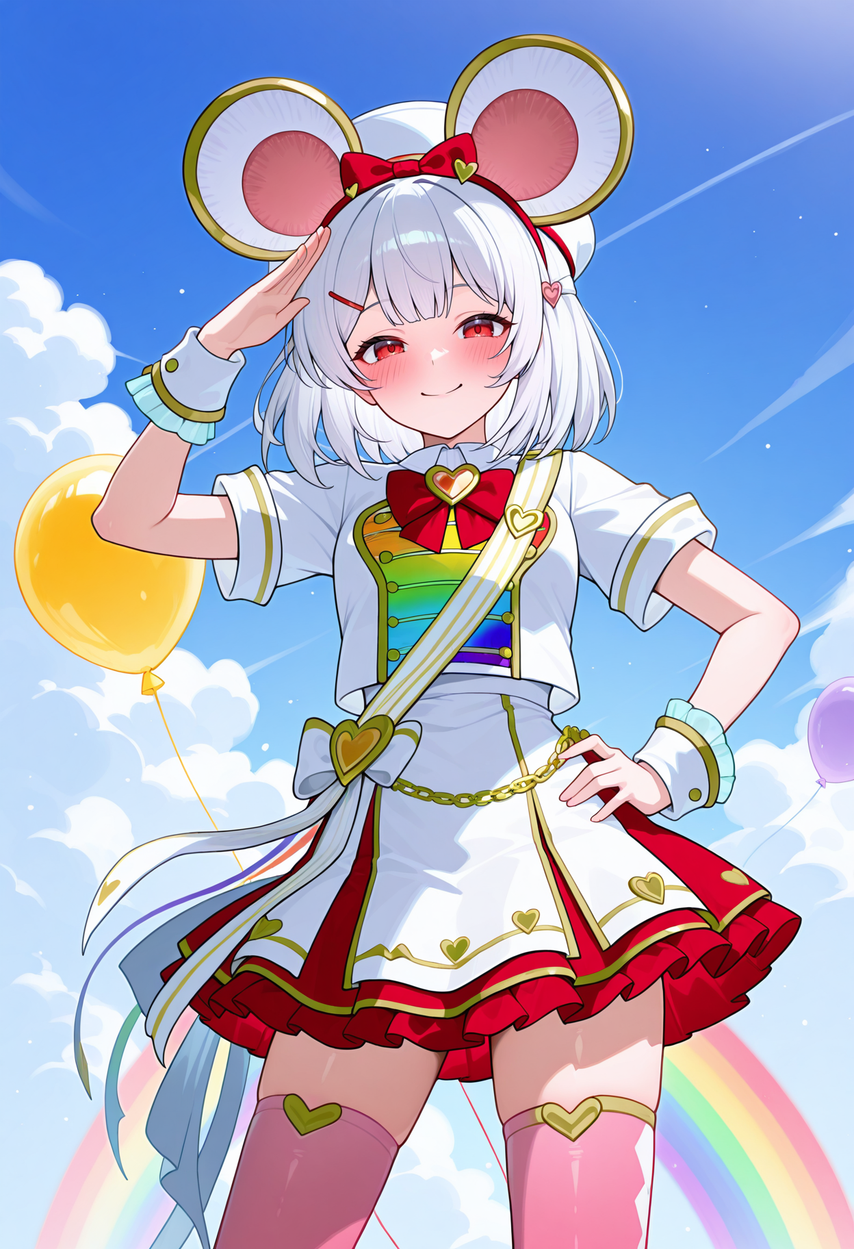 rainbow, balloons, blue sky, salute, hand on own hip, standing, looking at viewer, smile, blush, gbfbikky, short hair, red eyes, gbikpara, white hair, mouse ears, fake animal ears, hair bow, heart hair ornament, red hairband, hairclip, hat, white headwear, band uniform, multicolored shirt, rainbow shirt, white jacket, red bow, heart brooch, short sleeves, white dress, chain, gold trim, shoulder sash, wrist cuffs, red skirt, pink thighhighs, highres, best quality, masterpiece,
1girl, solo,
<lora:_vikala-elesico-ilxlD:1>