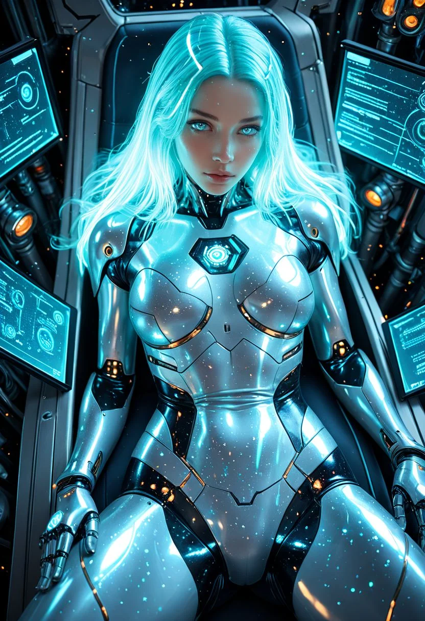 SmoothNoob_Quality, realistic, realistic textures, science fiction, 1girl, android, holographic interface, glitter, light particles, faint lighting, glowing, ethereal, neon hair, glowing hair, long hair, looking at viewer, relaxing, from above, dynamic angle