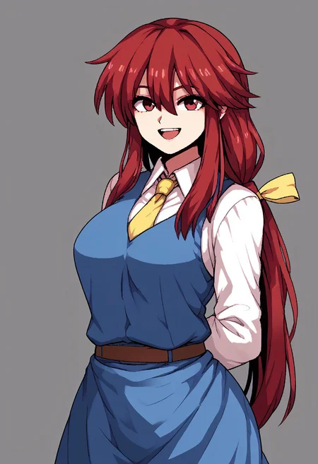 score_9, score_7_up, source_anime, source_cartoon, source_explicit, BREAK, colorful, aesthetic, illustration, kotohime (touhou), long hair, red hair, red eyebrows, hair between eyes, bangs, sidelocks, low-tied long hair, tied hair, low ponytail, hair ribbon, yellow ribbon, red eyes, breasts, white shirt, collared shirt, long sleeves, yellow necktie, blue vest, brown belt, blue skirt, hands behind back, open mouth, smile, teeth, simple background, looking at viewer, facing viewer, standing in front of viewer, standing