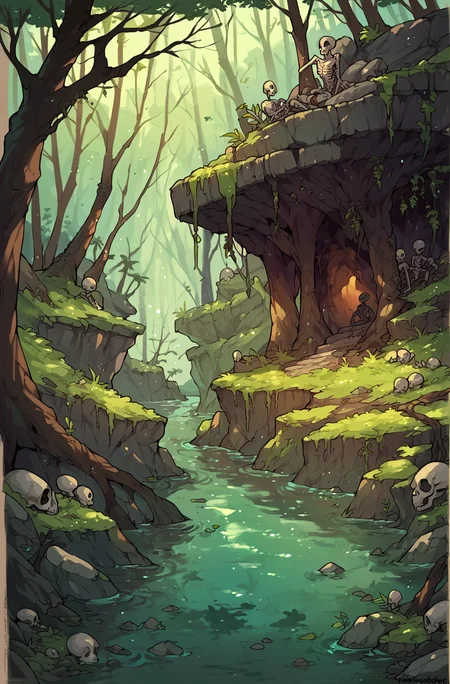 score_9,score_8_up,score_7_up,score_6_up,score_5_up,score_4_up outdoors,water,tree,no humans,nature,scenery,forest,skull,rock,fantasy,ruins,skeleton,cave,moss <lora:Lunas-ToxxyT-SDXL-A1:1>