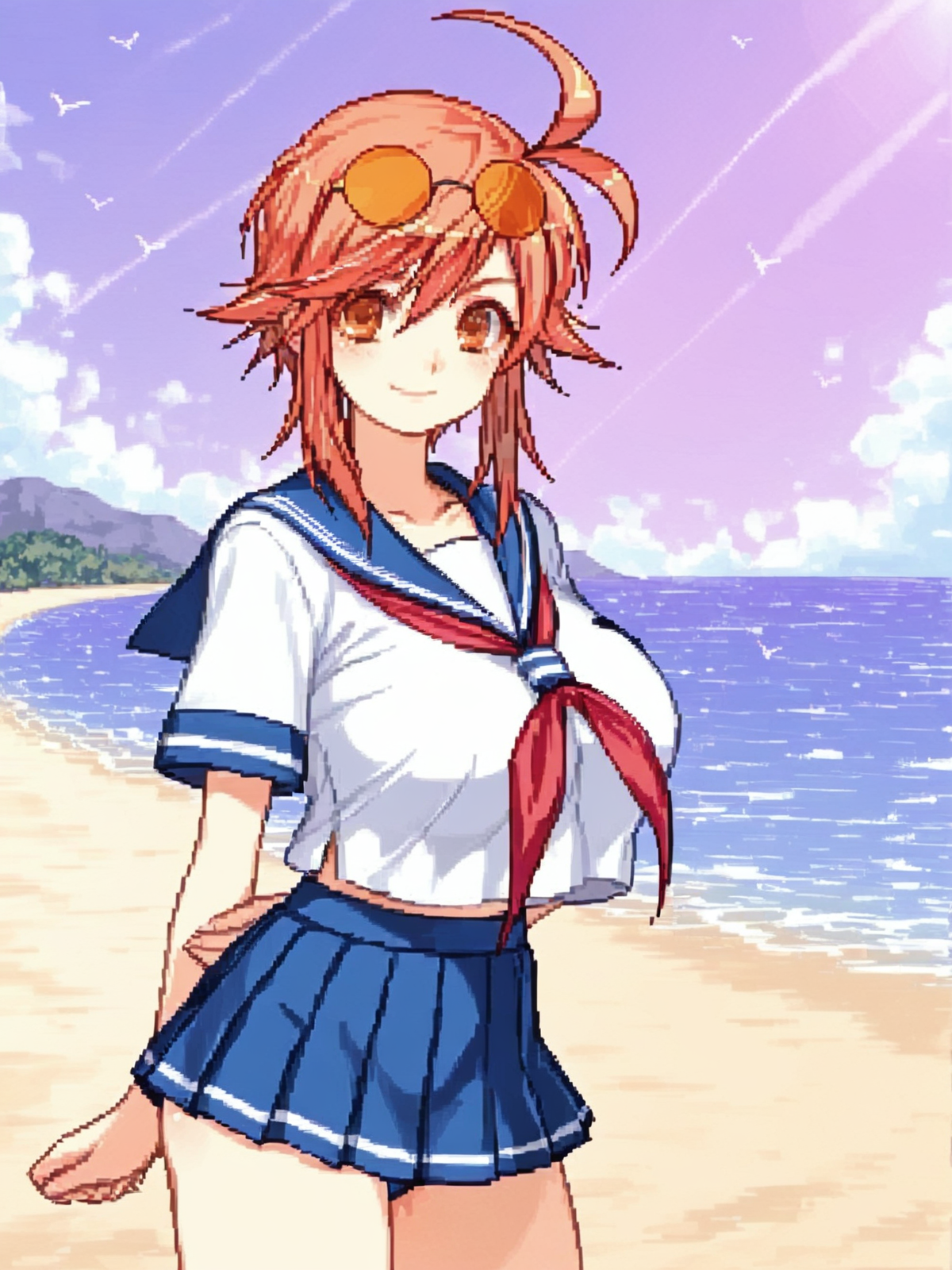 smile, score_9, score_8_up,  score_8, score_7_up, BREAK,
((8k, best quality,masterpiece:1.2)),source_anime,perfect face, perfect eyes,((extremely detailed eyes,extremely detailed face:1.0)),
1girl,huge breasts,  huge ass,standing,
shiny skin,looking at viewer, 
asagiri_shizuku_3, asagiri_shizuku,brown hair, ahoge, sunglasses,short hair, brown eyes,
school uniform, serafuku, skirt, 
in the beach,
 <lora:asagiri_shizuku_il_v1:0.8>