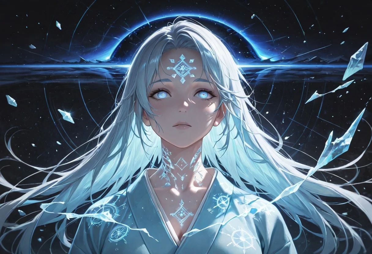 masterpiece,best quality,amazing quality,absurdres, BREAK
1girl, light blue kimono, floating snowflakes, glowing light blue cracks, starless sky, black hole backdrop, eldritch runes, chains (broken), ice magic, pale skin, glowing blue eyes, floating debris, apocalyptic aura, portrait: symmetrical framing, cosmic horror, anti-gravity hair, white hait, long hair, reality distortion, forgotten civilization