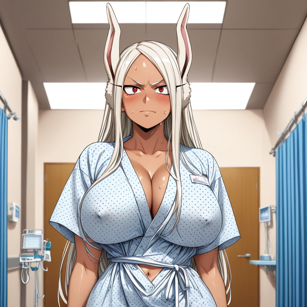 Artist style: urushihara satoshi, source_anime, score_9, score_8_up, score_7_up, score_6_up, score_5_up, score_4_up, (perfect face, perfect eyes), b3tt3rh0spit4lg0wn, boku_no_hero_academia, my hero academia, Mirko, patient, hospital_gown, BREAK, 1woman, MILF, large breasts, 25 year old female, Mirko\(my hero academia\), 1woman, dark-skinned_female, red eyes, blush, sexy, horny, (white hair), polka_dot, short_sleeves, (white hospital_gown, blue polka_dot), huge breasts, big ass, navel, shiny skin, sweat, blush, blushing, (large_breasts, covered_nipples,), indoors, well-lit, , hospital, AddXL, sm_an_stl ,source_anime, anime screencap, anime, animification