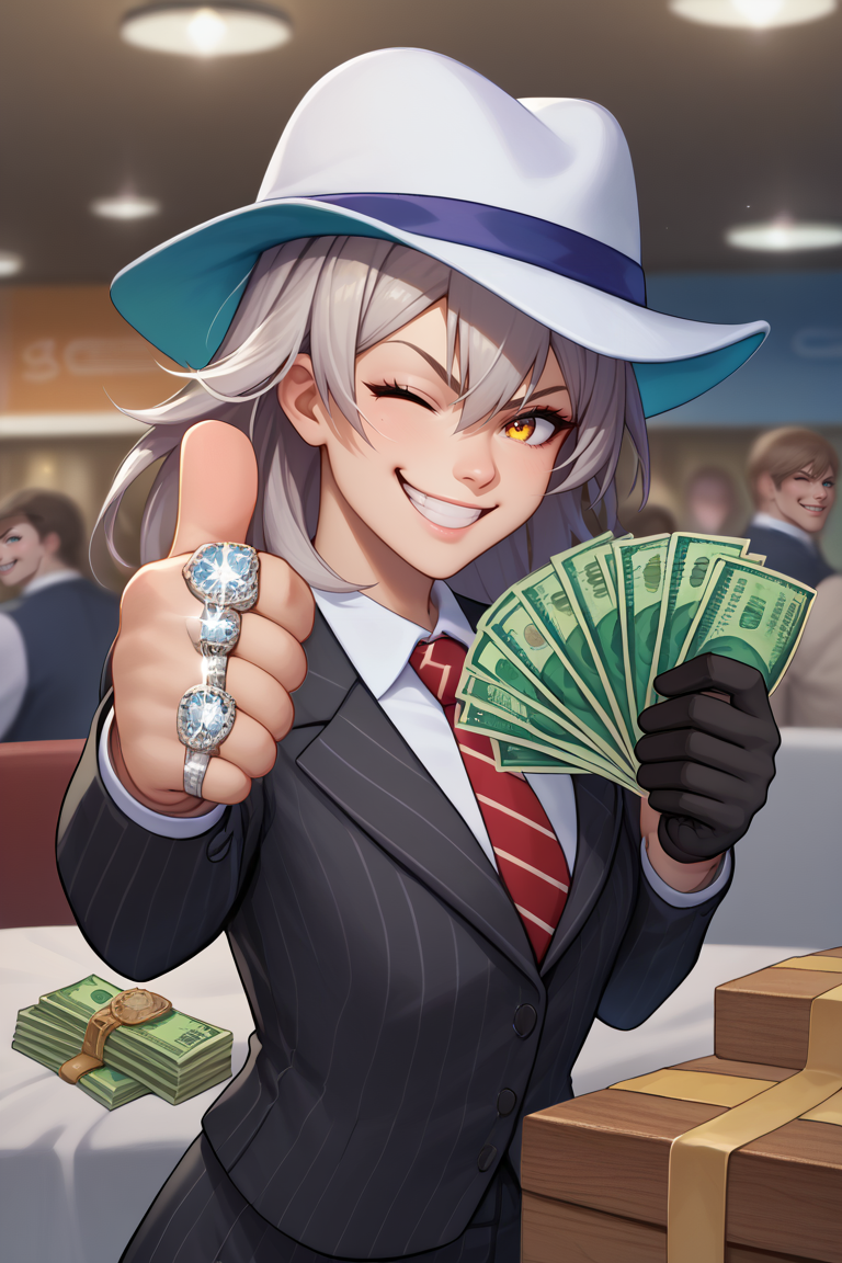 score_9, score_8_up, score_7_up, BREAK,  <lora:gangstersb-guy-PONYv1:1>, gangstersb, thumbs up, one eye closed, grin, smile, money, holding money, portrait, cropped torso, ring, formal, hat, necktie, suit, striped  <lora:hsr_stelle_ponyXL:0.9> hsrstelle, black gloves, 1girl, solo, depth of field,