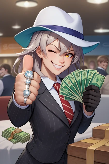 score_9, score_8_up, score_7_up, BREAK,  <lora:gangstersb-guy-PONYv1:1>, gangstersb, thumbs up, one eye closed, grin, smile, money, holding money, portrait, cropped torso, ring, formal, hat, necktie, suit, striped  <lora:hsr_stelle_ponyXL:0.9> hsrstelle, black gloves, 1girl, solo, depth of field,