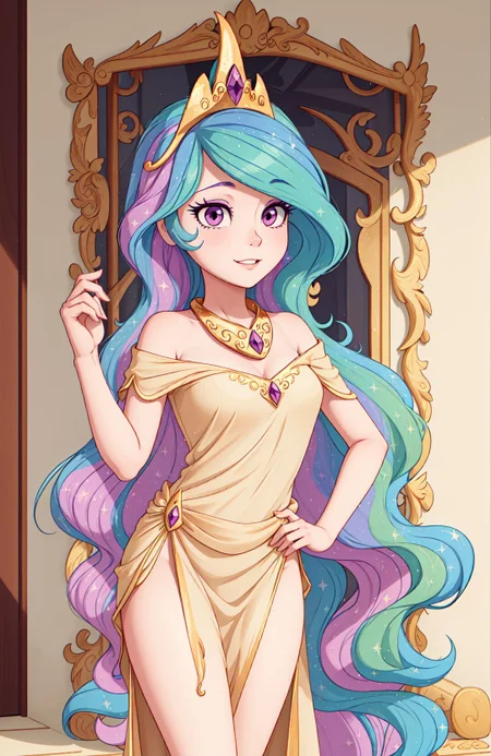 princess_celestia wearing a tunic,regalia,crown,scene is luxurious palace hall,(hair over one eye, one eye covered),<lora:celestia:1>,masterpiece,best quality,