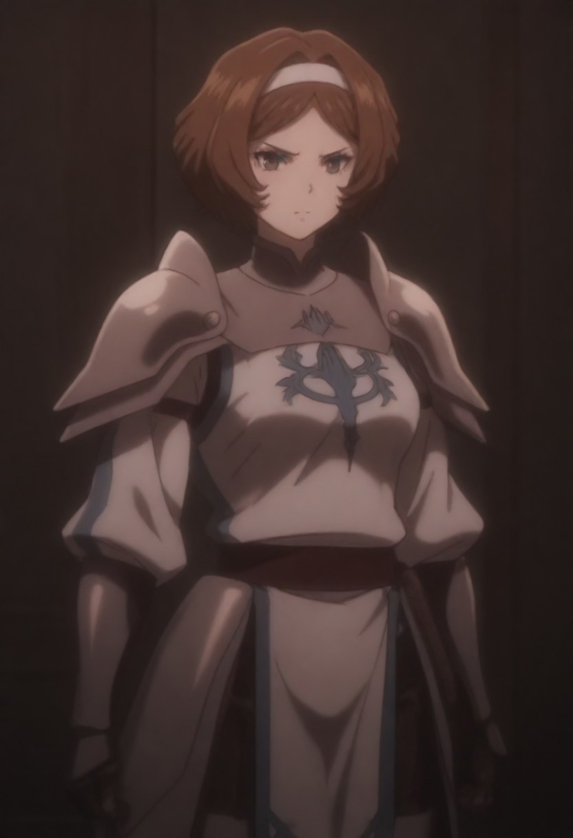 masterpiece, best quality, amazing quality,,, shiny skin,,,,,,,,armor,brown hair,,brown eyes,white hairband, short hair,shoulder armor, <lora:overlord_The_Sacred_Kingdom_V1:0.9>