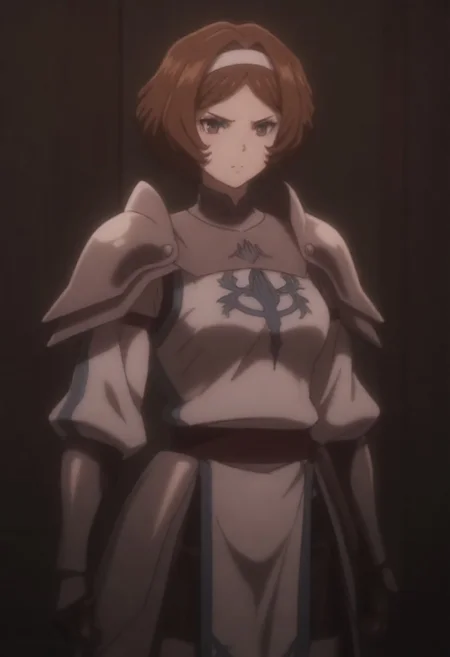 masterpiece, best quality, amazing quality,,, shiny skin,,,,,,,,armor,brown hair,,brown eyes,white hairband, short hair,shoulder armor, <lora:overlord_The_Sacred_Kingdom_V1:0.9>