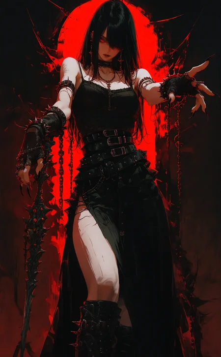 masterpiece, best quality, amazing quality, 1girl, solo, long hair, breasts, looking at viewer,skirt, black hair, gloves, red eyes, jewelry, bare shoulders, standing, collarbone, weapon, earrings, boots, black gloves, belt, black skirt, fingerless gloves, black footwear, hair over one eye, bracelet, fingernails, torn clothes, chain, piercing, ring, knee boots, black nails, outstretched arm, black belt, spikes, side slit, camisole, single glove, long fingernails, long skirt, one eye covered, sharp fingernails, open hand, spiked bracelet, multiple rings, multiple belts, goth fashion, thumb ring, spread fingers, studded belt, claw ring, single fingerless glove, very long fingernails,
backlighting, nhl-001, limited palette, realistic,
dgg,gothic,film grain, <lora:noobai_ep11_stabilizer_v0.138_fp16:0.3> <lora:NOOB_vp1_detailer_by_volnovik_v1:0.3> <lora:DetailedGrainyGothicILL:0.8> <lora:nhl-002-nai:0.75> <lora:XXX667:0.6> <lora:nhl-001-20:0.8>