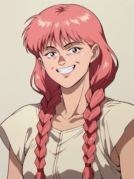 score_9, score_8_up, score_7_up, score_6_up, score_5_up,  <lora:akiraXLP:1> akira, retro artstyle, 1girl, long hair, twin braids, pink hair, smile