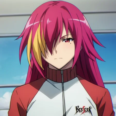score_9, score_8_up, score_7_up, score_6_up, uncensored, detailed eyes, perfect eyes, extremely detailed CG, extremely detailed face, perfect face, detailed Lora, best quality, source_anime, masterpiece, beautiful eyes, beautiful face, detailed eyes ,high resolution, distinct image BREAK <lora:WbtsitW_Kurea Komiyama:1>Kurea Komiyama, 1girl, solo, red eyes, mole under eye, long hair, multicolored hair, blonde hair, red hair, streaked hair, hair over one eye, jacket, track jacket