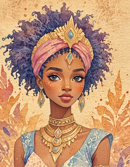 novuschroma75 style watercolor african hydropunk princess <lora:novuschroma75 style:1>, <lora:sdxl_lightning_8step_lora:1>