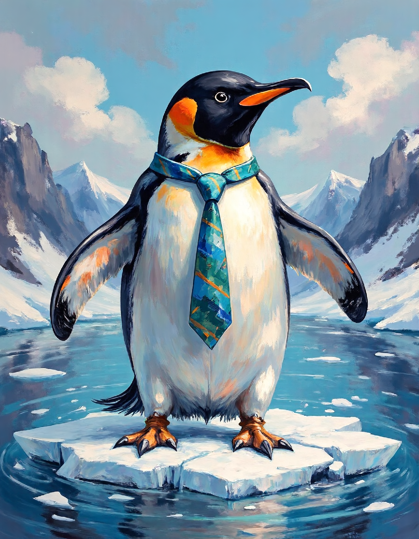 ssf_4bstr4ct painting of a penguin wearing a necktie standing on an ice floe, cool colors
