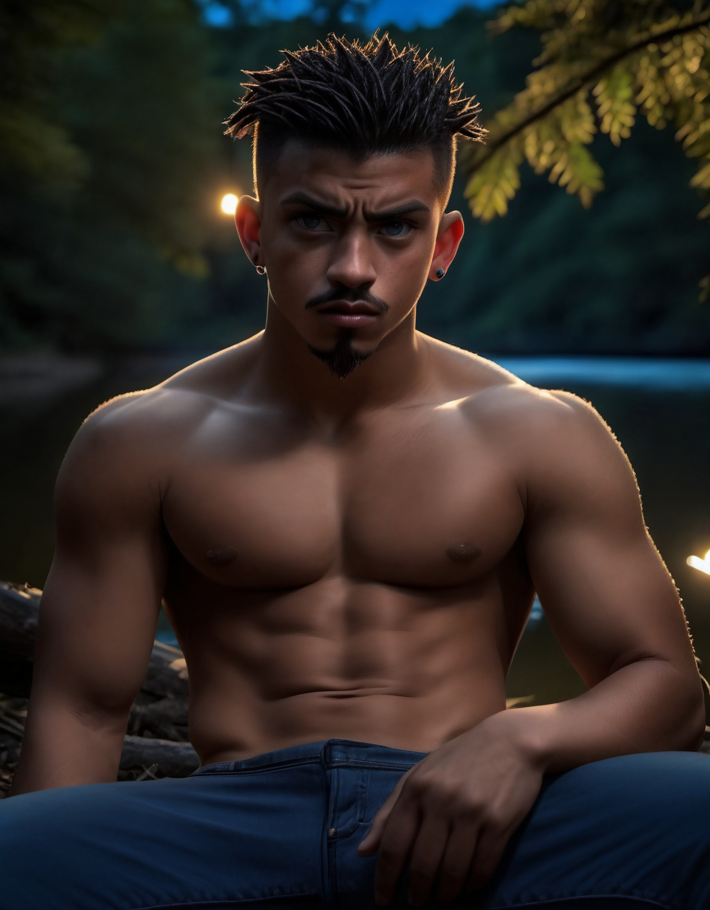 <lora:Smooth_skin_man:.7> photo of a (young)  young Latino man, (full body in frame:1.5), ((young face)), muscular, blue eyes, goatee, abs, cornrows hair, angry expression, lying back, muscular body, (night), looking at viewer, nude, innocent face, forest background, trees, river, high detail, realistic, high detail, 8k, (Masterpiece, high quality:1.3), masterpiece, depth of field, bokeh, detailed, homoerotic, (homoerotic), highly detailed, sharp focus, intricate, smooth, elegant, fantasy, cinematic lighting, cinematic, masterpiece, matte, photorealistic, 4k, beautiful, volumetric lighting, dramatic,