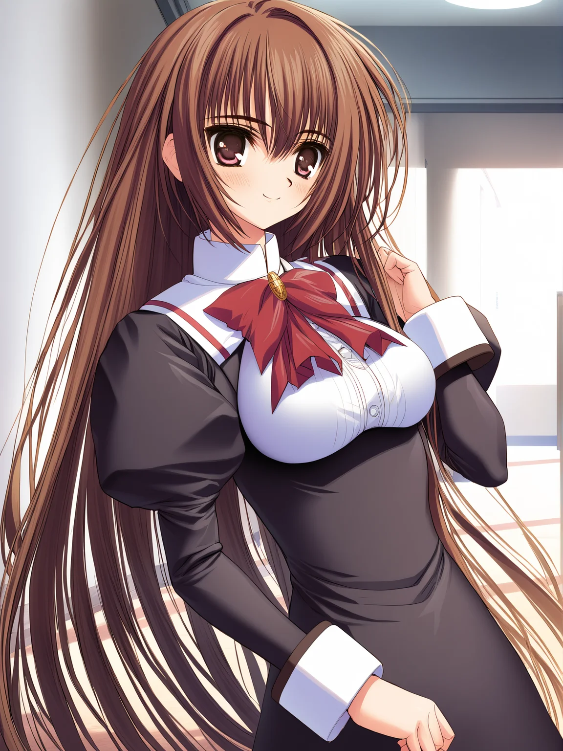 masterpiece, best quality, high quality, aesthetic, absurdres, insanely detailed,
1girl, seiou gakuen school uniform, brown hair, very long hair, smile,
<lora:norita-style-xl_v1.0:1>