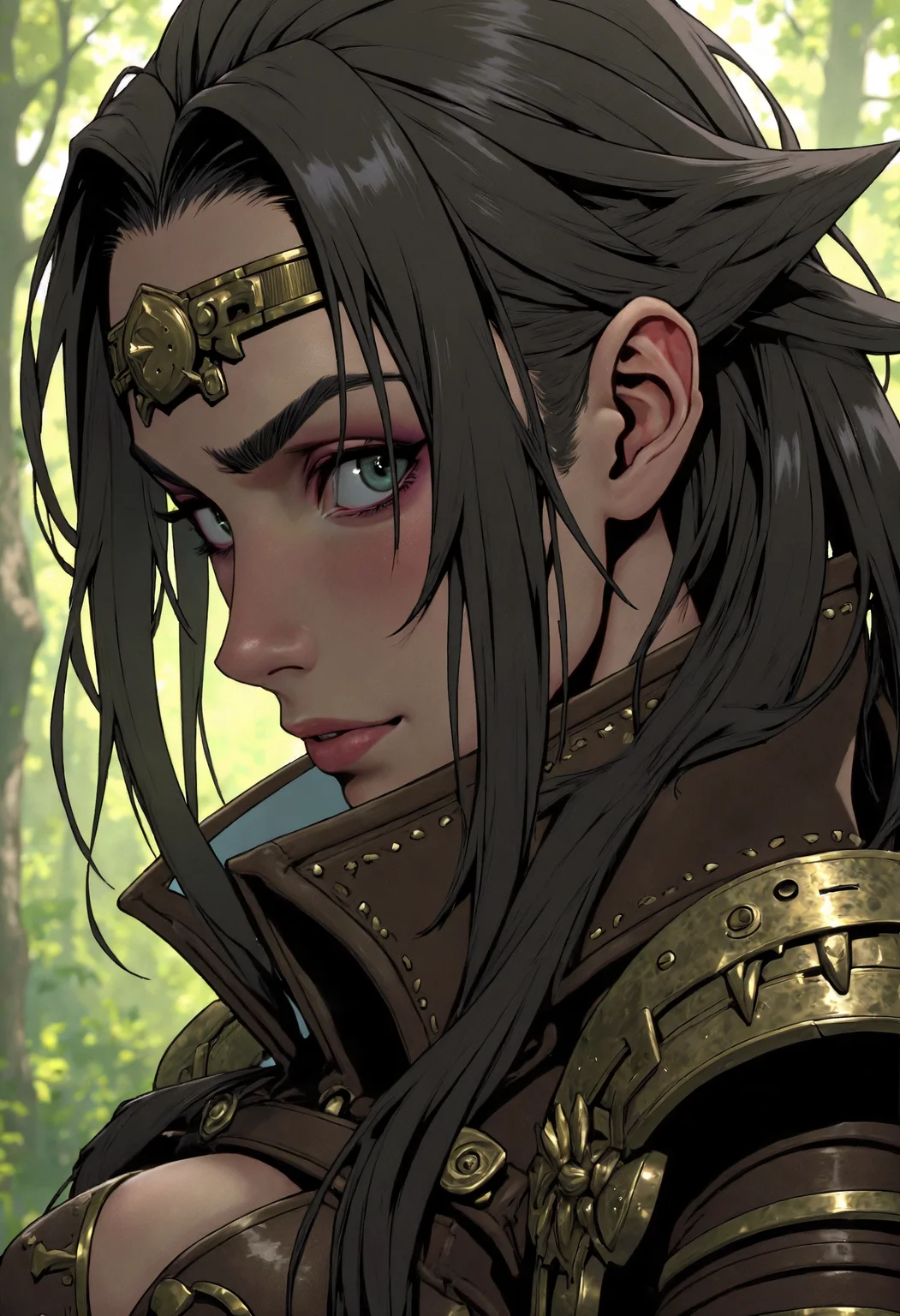 masterpiece, high-quality, A dramatic close-up of a determined female archer, her steely gaze locked on an unseen target, Windswept strands of hair frame her angular face, bold line art highlights the intricate texture of her weathered leather armor, The faint blur of a dense forest behind her gives depth to her intense focus, angular features, dynamic depth, intricate details, vivid lighting, (elaborate fine details:1.1), (hyperdetailed:1.1), (intricate details:1.0), (Refined details:1.1), (best quality:1.1), (high resolution:1.2),